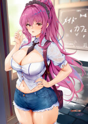 Rule 34 | 1girl, alternate costume, black necktie, blue shorts, breasts, collared shirt, crop top, fate/grand order, fate (series), hair ornament, hand on own hip, hand up, highres, large breasts, long hair, looking at viewer, navel, necktie, parted lips, ponytail, purple eyes, purple hair, scathach (fate), shirt, short shorts, short sleeves, shorts, signature, solo, thighhighs, thighs, toyoman, white thighhighs