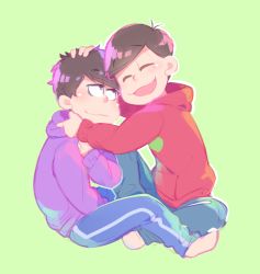 Rule 34 | 10s, 2boys, :3, bad id, bad tumblr id, barefoot, blush, brothers, closed eyes, green background, hood, hoodie, looking at another, male focus, matsuno ichimatsu, matsuno osomatsu, multiple boys, osomatsu-kun, osomatsu-san, osomatsu (series), pants, purple eyes, seiza, siblings, simple background, sitting, smile, track pants