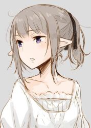 Rule 34 | 1girl, ayakura juu, commentary request, dress, elf, expressionless, grey background, grey hair, looking to the side, mole, mole under eye, original, parted lips, pointy ears, ponytail, purple eyes, short hair, sidelocks, simple background, sketch, solo, white dress