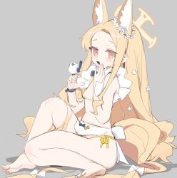 Rule 34 | 1girl, absurdly long hair, animal ears, bikini, bird, blonde hair, blue archive, blush, bow, cruciform halo, flower, fox ears, full body, gradient eyes, grey background, hair flower, hair ornament, halo, highres, long hair, looking at viewer, micro bikini, multicolored eyes, nemo (leafnight), open mouth, parted bangs, pink eyes, pink pupils, seia (blue archive), sidelocks, simple background, solo, swimsuit, very long hair, white bird, white flower, yellow bikini, yellow bow, yellow eyes, yellow halo