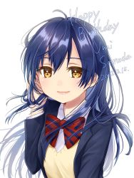 Rule 34 | 1girl, artist name, artist request, blue cardigan, blue hair, blue jacket, blush, bow, bowtie, breasts, buttons, cardigan, close-up, collared shirt, female focus, floating hair, hair between eyes, highres, jacket, long hair, long sleeves, looking at viewer, love live!, love live! school idol project, otonokizaka school uniform, parted lips, pink lips, red bow, school uniform, shirt, small breasts, smile, solo, sonoda umi, striped, striped bow, sweater vest, undershirt, upper body, vest, wavy hair, white background, white shirt, wing collar, yellow eyes, yellow vest