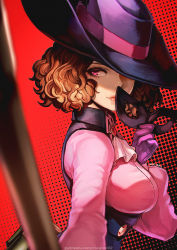 Rule 34 | 1girl, ascot, black background, black hat, breasts, brown hair, domino mask, gloves, halftone, halftone background, hat, highres, holding, holding mask, holding weapon, large breasts, lips, looking at viewer, magion02, mask, okumura haru, persona, persona 5, pink shirt, purple gloves, red background, shirt, short hair, signature, smile, solo, two-tone background, underbust, unworn mask, upper body, wavy hair, weapon, white ascot