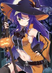 Rule 34 | 1girl, armpits, black gloves, blue hair, closed mouth, detached sleeves, fingerless gloves, fire emblem, fire emblem: path of radiance, fire emblem heroes, gloves, green eyes, hairband, halloween costume, haru (nakajou-28), hat, highres, jack-o&#039;-lantern, long hair, long sleeves, mia (fire emblem), midriff, night, night sky, nintendo, one eye closed, outdoors, sky, smile, solo, star (sky), tree, white hairband, witch hat