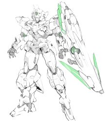 Rule 34 | absurdres, clenched hand, full body, gundam, gundam 00, highres, mecha, mobile suit, ni~tsu kashi, no humans, open hand, original, robot, science fiction, shield, simple background, sketch, solo, v-fin, white background, white eyes