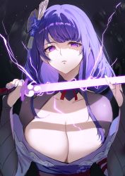 Rule 34 | 1girl, bad id, bad twitter id, breasts, cleavage, cleavage cutout, clothing cutout, elbow gloves, electricity, genshin impact, gloves, hair ornament, highres, holding, holding weapon, ichibi, japanese clothes, kimono, large breasts, looking at viewer, mitsudomoe (shape), mole, mole under eye, purple eyes, purple hair, raiden shogun, serious, solo, sword, tomoe (symbol), upper body, weapon
