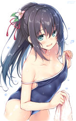 Rule 34 | 1girl, black hair, blue one-piece swimsuit, clothes pull, commentary, cowboy shot, flower, green eyes, hair flower, hair ornament, highres, holding, holding towel, long hair, looking at viewer, nozomi tsubame, one-piece swimsuit, one-piece swimsuit pull, open mouth, original, pink flower, ponytail, school swimsuit, simple background, smile, solo, standing, strap slip, swimsuit, towel, water drop, wet, white background, yukiha (nozomi tsubame)