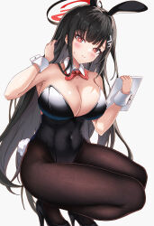 Rule 34 | 1girl, absurdres, alternate costume, animal ears, bare arms, bare shoulders, black hair, black pantyhose, blue archive, blush, bow, bowtie, breasts, cleavage, closed mouth, detached collar, fake animal ears, fake tail, hair ornament, halo, highres, holding, large breasts, leotard, long hair, looking at viewer, neon (hhs9444), pantyhose, playboy bunny, rabbit ears, rabbit tail, red bow, red bowtie, red eyes, rio (blue archive), solo, tail, thighs, wrist cuffs