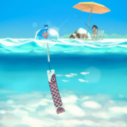 Rule 34 | 0x3, 1girl, blue sky, blurry, brown hair, chair, commentary, day, depth of field, fish, fishing, fishing line, fishing rod, holding, lens flare, lounge chair, original, outdoors, parasol, partially underwater shot, rock, sitting, sky, twintails, umbrella, waves, wind chime, wind chime focus