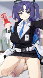 1futa :3 after_masturbation artificial_vagina black_skirt blue_archive blue_eyes blue_necktie breasts closed_mouth collared_shirt cum dildo erection futanari heart highres holding holding_sex_toy jacket large_breasts large_penis large_testicles long_hair long_sleeves looking_at_viewer necktie nnilaee penis pleated_skirt purple_hair sex_toy shirt sitting skirt smile solo tenga testicles two_side_up uncensored white_jacket white_shirt yuuka_(blue_archive)