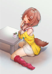 Rule 34 | 1girl, :3, animal collar, animal ears, bone hair ornament, braid, brown eyes, brown hair, chili pepper, clothing cutout, coffee mug, collar, cup, dog ears, dog girl, dog tail, dress, elbows on table, from above, from side, full body, hair ornament, hairclip, highres, hololive, inugami korone, inugami korone (1st costume), jacket, jalapeno pepper, kelly 0w0, long hair, loose socks, low twin braids, mug, no shoes, off shoulder, one eye closed, open mouth, red collar, red socks, short dress, sitting, socks, solo, tail, tail through clothes, twin braids, twintails, virtual youtuber, wariza, white dress, yawning, yellow jacket