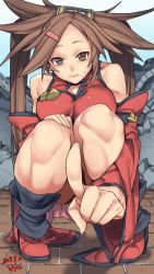 Rule 34 | 1girl, bare shoulders, breasts, brown eyes, brown hair, china dress, chinese clothes, dress, guilty gear, hair ornament, hairclip, highres, kuma (jk0073), kuradoberi jam, large breasts, looking at viewer, pointing, pointing at viewer, red dress, sleeveless, sleeveless dress, solo, squatting, sweatdrop, twintails