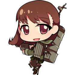 Rule 34 | 10s, 1girl, :d, brown eyes, brown hair, carillus, chibi, kantai collection, long hair, looking at viewer, lowres, machinery, ooi (kancolle), open mouth, school uniform, serafuku, simple background, smile, solo, white background