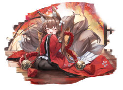Rule 34 | 1girl, ^ ^, absurdres, amagi-chan (azur lane), animal ear fluff, animal ears, azur lane, bare shoulders, black legwear, blunt bangs, blush, brown hair, brown tail, closed eyes, commentary, eyebrows hidden by hair, eyeshadow, fang, fox ears, fox girl, fox tail, full body, hair intakes, happy, highres, japanese clothes, kimono, long hair, makeup, multiple tails, obi, off shoulder, open mouth, own hands together, red eyeshadow, red kimono, rope, sash, seiza, shadow, shimenawa, sidelocks, sitting, skin fang, smile, solo, strash, tail, thick eyebrows, tree, twintails, white background, wide sleeves