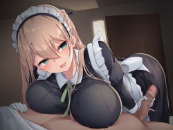Rule 34 | 1girl, bent over, blush, braid, breast rest, breasts, brown hair, censored, da-maid-san wa aisaretai!, door, french braid, frills, gloves, green eyes, hair between eyes, handjob, highres, indoors, large breasts, long hair, looking at viewer, lying, maid, maid headdress, mosaic censoring, open mouth, original, osisio, penis, solo focus, white gloves