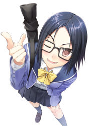 Rule 34 | black hair, glasses, one eye closed, original, school uniform, short hair, skirt, solo, tenkuu nozora, wink
