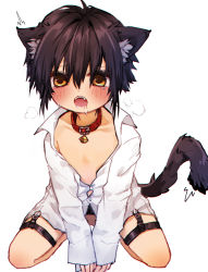 Rule 34 | 1boy, animal ears, bell, black hair, cat ears, cat tail, commentary, drooling, fangs, blush, heavy breathing, jingle bell, looking at viewer, male focus, original, paw pose, saliva, shirt, solo, solo focus, tail, teeth, toron 0812, unbuttoned, white background, white shirt, yellow eyes