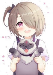 Rule 34 | 1girl, aged down, animal, blush, brown hair, cat, character name, commentary request, diamond (shape), fukuro daizi, hair over one eye, hair ribbon, heart, highres, holding, holding animal, honkai (series), honkai impact 3rd, looking at viewer, mole, mole under eye, open mouth, pink eyes, ribbon, rita rossweisse, short hair, short sleeves, smile, teeth, upper body, upper teeth only