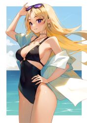 1girl adjusting_eyewear black_one-piece_swimsuit blonde_hair blush breasts choker cleavage cloud cloudy_sky collarbone commentary cowboy_shot earrings english_commentary eyewear_on_head hand_on_own_hip highres hoop_earrings hyanna-natsu jewelry long_hair looking_at_viewer medium_breasts multiple_rings necklace ocean off_shoulder one-piece_swimsuit open_clothes open_shirt original purple_eyes ring shirt sideboob sky solo sunglasses swimsuit white_shirt wind