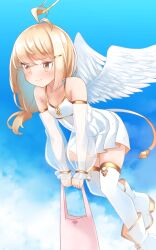 Rule 34 | 1girl, antenna hair, bag, bare shoulders, blonde hair, blue sky, blush, boots, breasts, brown eyes, cleavage, closed mouth, cloud, collarbone, comah, day, detached sleeves, dress, feathered wings, flying, halo, highres, holding, holding bag, long hair, long sleeves, looking away, low-tied long hair, original, outdoors, pleated dress, puffy long sleeves, puffy sleeves, sky, sleeveless, sleeveless dress, sleeves past wrists, small breasts, smile, solo, thighhighs, thighhighs under boots, white dress, white footwear, white thighhighs, white wings, wings