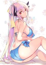 Rule 34 | 1girl, ass, bikini, blue bikini, blue ribbon, breasts, closed mouth, commentary request, expressionless, eyes visible through hair, fate/grand order, fate (series), floral background, frilled bikini, frills, from side, front-tie bikini top, front-tie top, hair ribbon, halterneck, head tilt, horns, kibii mocha, kiyohime (fate), kiyohime (swimsuit lancer) (third ascension) (fate), large breasts, long hair, looking at viewer, red eyes, ribbon, side-tie bikini bottom, side-tie bottom, sidelocks, silver hair, sitting, solo, swimsuit, thighs, very long hair, yellow ribbon
