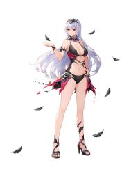 Rule 34 | 1girl, armlet, armpits, bare legs, bare shoulders, bikini, black bikini, black footwear, bracelet, breasts, center opening, cleavage, closed mouth, detached collar, feathers, full body, glenwys (king&#039;s raid), hand on own hip, hand up, high heels, highres, jewelry, king&#039;s raid, long hair, looking at viewer, medium breasts, navel, official art, red eyes, revealing clothes, silver hair, simple background, solo, standing, stomach, swimsuit, thighs, tiara, white background, wing collar