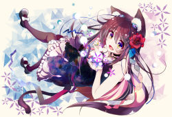 Rule 34 | 1girl, :d, animal ears, black dress, black thighhighs, brown hair, cat ears, cat tail, dress, fang, flower, frills, hair ornament, highres, kyona (konakona), long hair, looking at viewer, mary janes, open mouth, original, rose, shoes, smile, solo, tail, thighhighs