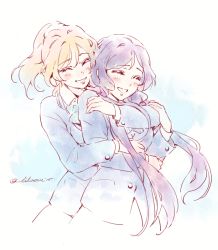 Rule 34 | 10s, 2girls, ayase eli, blazer, blonde hair, blush, hug, hug from behind, jacket, lilaccu, long hair, love live!, love live! school idol project, low twintails, multiple girls, ponytail, scrunchie, signature, simple background, smile, tojo nozomi, twintails, yuri