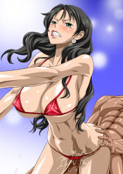 Rule 34 | 1boy, 1girl, abs, alvida (one piece), ass, bikini, black hair, breasts, censored, closed mouth, covered erect nipples, dark-skinned male, dark skin, green eyes, hetero, highres, implied vaginal, jewelry, large breasts, long hair, mature female, muscular, muscular male, necklace, nel-zel formula, nipples, one piece, panties, penis, pussy, red bikini, sex, source request, swimsuit, underwear, vaginal