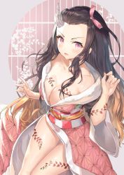 Rule 34 | 1girl, bad id, bad pixiv id, bare shoulders, black hair, blonde hair, blush, breasts, cleavage, commentary request, floral print, hair ribbon, horns, japanese clothes, kamado nezuko, kimetsu no yaiba, kimono, large breasts, long hair, looking at viewer, multicolored hair, pink eyes, pink ribbon, ribbon, single horn, solo, spoilers, tagme, two-tone hair, user ppcy3857, v-shaped eyebrows, wide sleeves