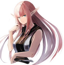 1girl bare_arms black_sweater blue_eyes blunt_bangs cropped_torso floating_hair hood hooded_sweater long_hair original pink_hair pointy_ears simple_background sleeveless sleeveless_sweater slit_pupils solo straight_hair sushi_(sashimise) sweater upper_body very_long_hair white_background