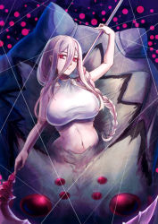 Rule 34 | 1girl, arachne, arm up, arthropod girl, bare shoulders, braid, breasts, choker, closed mouth, collarbone, commentary request, extra eyes, hair between eyes, hair over shoulder, holding, holding scythe, insect girl, kumo desu ga nani ka?, kumoko (kumo desu ga nani ka?), large breasts, long hair, looking at viewer, midriff, monster girl, navel, partial commentary, red eyes, ryo (sora-ryu), scythe, shirt, sidelocks, silk, single braid, sleeveless, sleeveless shirt, smile, solo, spider girl, spider web, spoilers, taur, taut clothes, taut shirt, very long hair, white hair, white shirt