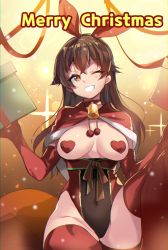 Rule 34 | 1girl, ;d, amber (genshin impact), bell, box, breasts, breasts out, brown hair, capelet, christmas, ddolggol, english text, covered erect nipples, genshin impact, gift, gift box, highres, jingle bell, leotard, medium breasts, merry christmas, one eye closed, open mouth, pasties, smile, solo, sparkle, teeth, thighhighs, yellow eyes