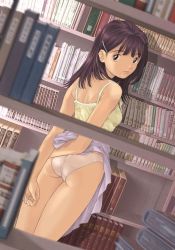 Rule 34 | 1girl, ass, back, blurry, book, brown eyes, brown hair, butt crack, camisole, clothes lift, depth of field, dutch angle, hair ornament, hairclip, jpeg artifacts, library, long hair, looking back, panties, skirt, skirt lift, solo, standing, tayama mamito, underwear, white panties