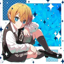 Rule 34 | 1boy, 4b-enpitsu, arm rest, black footwear, blonde hair, blue eyes, book, child, closed mouth, full body, hair between eyes, hand on own knee, highres, holding, holding book, hoshino aquamarine, kneehighs, long sleeves, looking at viewer, mismatched pupils, oshi no ko, shirt, shoes, short hair, shorts, signature, sitting, smile, socks, solo, sparkle, sweater vest, white shirt