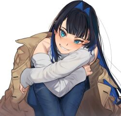 Rule 34 | 1girl, black hair, blue eyes, blue hair, brown coat, clothing cutout, coat, denim, ear piercing, eus ing, hair intakes, hololive, hololive english, jeans, knees up, long hair, long sleeves, looking at viewer, official alternate costume, official alternate hairstyle, open clothes, open coat, ouro kronii, pants, piercing, shoulder cutout, sitting, smile, solo, teeth, virtual youtuber