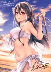 Rule 34 | 1girl, bikini, black hair, blue sky, breasts, brown eyes, cloud, commentary request, commission, hair ornament, hairband, hairclip, haruna (kancolle), headgear, highres, horizon, kantai collection, large breasts, lips, long hair, mimamui, ocean, official alternate costume, parted lips, sarong, signature, skeb commission, sky, solo, sunset, swimsuit, twitter username, white bikini, white sarong