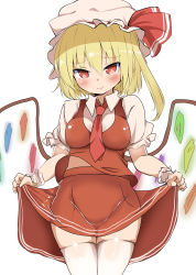 Rule 34 | 1girl, :&gt;, blonde hair, breasts, flandre scarlet, hair between eyes, hat, hat ribbon, heart, heart-shaped pupils, highres, looking at viewer, medium breasts, mob cap, necktie, puffy short sleeves, puffy sleeves, red eyes, red necktie, red ribbon, red skirt, ribbon, short sleeves, simple background, sketch, skirt, skirt set, smile, solo, symbol-shaped pupils, takimoto yukari, thighhighs, touhou, vest, white background, white thighhighs, wing collar, wings, wrist cuffs