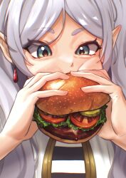 Rule 34 | 1girl, burger, capelet, commentary, dangle earrings, earrings, eating, english commentary, food, frieren, gold trim, green eyes, hands up, highres, holding, holding food, jewelry, lettuce, long hair, parted bangs, pickle, pointy ears, shirt, slewpie, solo, sousou no frieren, striped clothes, striped shirt, tomato, upper body, white capelet