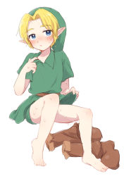 Rule 34 | 1boy, :o, artist request, barefoot, belt, blonde hair, blue eyes, blush, boots, unworn boots, brown footwear, collared shirt, eyebrows, feet, full body, link, male focus, nintendo, pointy ears, shirt, short sleeves, simple background, sitting, solo, sweat, the legend of zelda, the legend of zelda: ocarina of time, toes, tunic, white background, young link