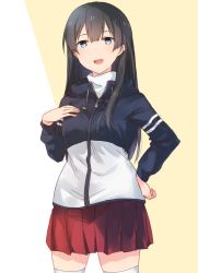 Rule 34 | 1girl, agano (kancolle), black hair, blue eyes, blush, breasts, hair between eyes, hand on own hip, hand on own chest, jacket, kantai collection, long hair, long sleeves, open mouth, red skirt, satsumi, simple background, skirt, solo, striped, teeth, track jacket, turtleneck, white legwear, yellow background, zipper