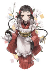 Rule 34 | 1girl, alternate costume, apron, black eyes, black gloves, black hair, braid, brown hair, commentary request, cup, feet out of frame, frilled apron, frills, gloves, gradient hair, hatomaru (hatomaru56), highres, japanese clothes, kantai collection, kimono, long hair, looking at viewer, multicolored hair, red kimono, saucer, single braid, solo, striped clothes, striped kimono, teacup, teapot, waitress, white apron, white background, yamashio maru (kancolle)