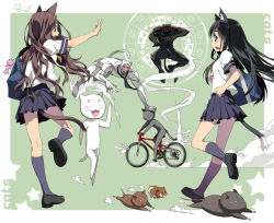 Rule 34 | 2girls, animal ears, bad id, bad pixiv id, bag, black hair, blue eyes, blush, brown hair, cat, cat ears, cat tail, from behind, green background, green eyes, hamster, kimura (ykimu), kneepits, loafers, long hair, mouse, mouse (animal), multiple girls, open mouth, original, outside border, pleated skirt, profile, school uniform, serafuku, shoes, skirt, tail, thighhighs