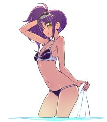 Rule 34 | 1girl, arm up, bikini, breasts, chan co, cowboy shot, eyewear on head, from side, leaning forward, looking at viewer, navel, pretty series, pripara, purple bikini, purple hair, side ponytail, simple background, small breasts, smile, solo, sunglasses, swimsuit, toudou shion, towel, wading, yellow eyes