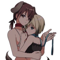 Rule 34 | 2girls, animal collar, animal ears, bad id, bad pixiv id, blonde hair, blue collar, blue eyes, bra, brown eyes, brown hair, collar, commentary request, dog ears, erica hartmann, gertrud barkhorn, highres, hug, ichiren namiro, leash, long hair, looking at viewer, low twintails, multicolored hair, multiple girls, red collar, short hair, strike witches, tail, twintails, two-tone hair, underwear, white background, world witches series