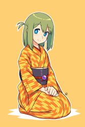 Rule 34 | 1girl, blue eyes, closed mouth, commentary request, full body, green hair, hair between eyes, japanese clothes, kimono, long sleeves, looking at viewer, muu (mumumer), obi, one side up, orange background, original, outline, print kimono, sash, seiza, shadow, simple background, sitting, smile, solo, white outline, wide sleeves, yagasuri, yunomiya agari