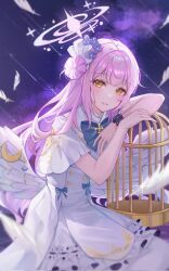 Rule 34 | 1girl, angel wings, birdcage, blue archive, cage, capelet, commentary, dress, feathers, hair bun, halo, high-waist skirt, highres, long hair, looking at viewer, low wings, medium dress, mika (blue archive), overskirt, pantyhose, pink hair, purple sky, scrunchie, single side bun, skirt, sky, smile, solo, symbol-only commentary, very long hair, white capelet, white dress, white pantyhose, white skirt, wings, wrist scrunchie, yellow eyes, yulha 06