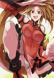 Rule 34 | 1girl, bare legs, bare shoulders, breasts, brown eyes, brown hair, china dress, chinese clothes, closed mouth, covered navel, detached sleeves, dress, feet out of frame, futabamidori, guilty gear, guilty gear xrd, highres, kuradoberi jam, large breasts, leg up, long hair, looking away, panties, pantyshot, plate, rice, skin tight, skirt, solo, swept bangs, thigh strap, underwear, white panties, wide sleeves