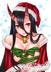 Rule 34 | 10s, 1girl, alternate costume, bare shoulders, battleship princess, bell, neck bell, black hair, blush, breasts, capelet, choker, christmas, cleavage, collarbone, fur trim, hair between eyes, hat, highres, horns, kantai collection, large breasts, long hair, looking at viewer, merry christmas, naked ribbon, off shoulder, parted lips, red eyes, ribbon, santa costume, santa hat, smile, solo, upper body, ytoy