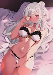 Rule 34 | 1girl, absurdres, azur lane, bed, black trim, bra, breasts, cleavage, covering crotch, covering privates, cowboy shot, from above, hai tien (azur lane), hair ornament, highres, lace, lace-trimmed bra, lace-trimmed panties, lace trim, large breasts, long hair, looking at viewer, lying, multi-strapped panties, on back, on bed, origami aya, panties, pillow, underwear, underwear only, white bra, white hair, white panties, yellow eyes