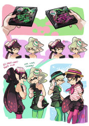 Rule 34 | + +, 2girls, bare shoulders, callie (splatoon), cd case, closed eyes, comic, earrings, english text, fangs, gloves, gomipomi, grin, hat, inkling, inkling player character, jewelry, laughing, marie (splatoon), multiple girls, nintendo, open mouth, pantyhose, pointy ears, smile, splatoon (series), splatoon 1, suitcase, yellow eyes
